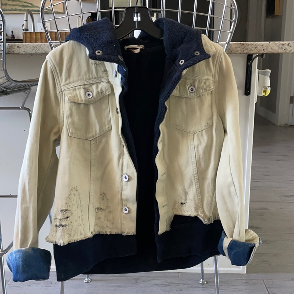 FREE PEOPLE DISTRESSED HOODED DENIM JACKET